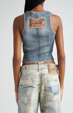 Always leave 'em guessing in this cropped tank rib-knit in a shapely silhouette from soft cotton that's uncannily printed to look like distressed denim. 18" length (size Medium) Crewneck Sleeveless, with cutaway shoulders 100% cotton Hand wash, line dry Made in Portugal Designer Clothing Denim Blue, Crop Tank, Distressed Denim, Rib Knit, To Look, Blue Denim, Designer Clothing, Acne Studios, That Look