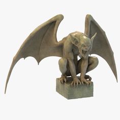 a statue of a gargoyle sitting on top of a stone block in front of a white background