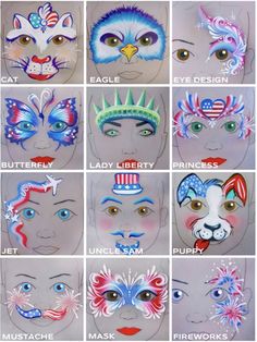 Face Painting Ideas For Kids 4th Of July, Patriotic Face Painting Ideas, Red White Blue Face Paint, Patriotic Face Paint, Diy Facepainting, Fourth Of July Face Paint, 4th Of July Face Paint, Dog Face Paints, Face Paint Designs