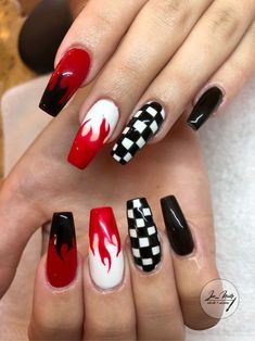 stylish nails Untitled in 2020 Cute Acrylic Nail Designs Simple Acrylic Nails Summer Acrylic Nails Red Flame Nail Designs, Red And Black Flame Nails, Red White And Black Nails, Nails Fire, Rockabilly Nails, Checkered Nails, Red Flames, Nagellack Trends, Nagel Tips