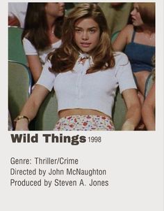 an advertisement for the movie wild things featuring a woman in white shirt and floral skirt