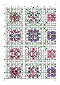 the cross stitch pattern is shown in pink, purple and green colors with flowers on them