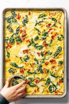 an overhead view of a casserole with spinach, tomatoes and cheese on it