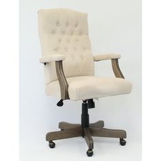 an office chair with wheels on the back and armrests upholstered in beige fabric