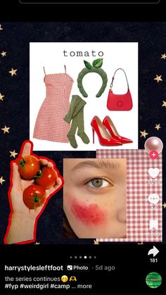 a collage of photos with tomatoes and other things on it, including a woman's face