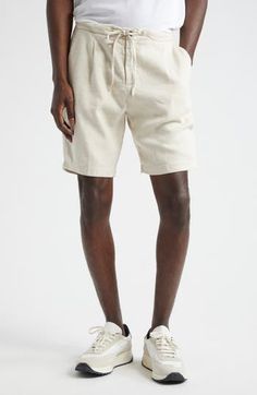 Front pleats lend a tailored effect to these drawstring-waist shorts cut from stretchy jersey knit from a breathable blend of linen and cotton. 7" inseam; 20" leg opening; 11" front rise; 15" back rise (size 48EU) Drawstring waist; zip fly with button closure Side-seam pockets 55% linen, 44% cotton, 1% elastane Machine wash, dry flat Made in Italy Designer Clothing Leisure Shorts With Short Inseam For Summer, Leisure Summer Shorts With Short Inseam, Summer Leisure Shorts With Short Inseam, Summer Bottoms With Drawstring And Short Inseam, Summer Drawstring Bottoms With Short Inseam, Summer Drawstring Bottoms, Beige Linen Loungewear Shorts, Leisure Bermuda Bottoms For Spring, Casual Shorts With Drawstring And Short Inseam