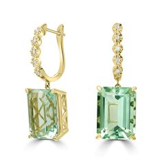 These earrings are finely crafted from 18K yellow gold with intricate detailing. Set with a dazzling emerald-cut Prasiolite and round Diamonds, this world-class design will leave everyone speechless. Product Information SKU J21969 Metal Type 18K Metal Color Yellow Gold Earring Style - Metal Weight 8.75 Primary Stone Gemstone Name Prasiolite Gemstone Species Quartz No. Of Gemstones 2 Gemstone Shape Emerald Cut Gemstone Color Green Gemstone Grade - Gemstone Clarity - Gemstone Weight 22.86 cts Gems Jewelry Sketching, Jewellery Sketches, Sparkly Jewelry, Class Design, Gold Earring, Yellow Gold Earring, Green Gemstones, Diamond Set, Lovely Jewellery