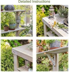 four different shots of plants and potted plants on a wooden table in the garden