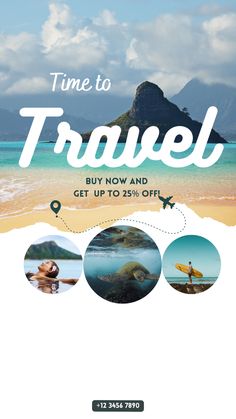 the travel flyer is designed to look like it has an image of a beach and mountains in