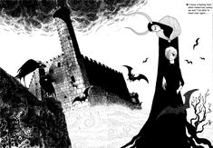 a black and white drawing of a woman standing in front of a castle surrounded by bats