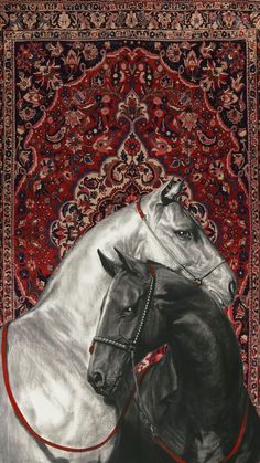 two white horses standing next to each other on a red and blue rug with an ornate border