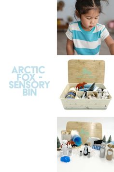 an advertisement for the arctic fox - sensory bin is shown in three different photos