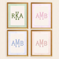 three framed pictures with the letters amb, rka and amp in different colors