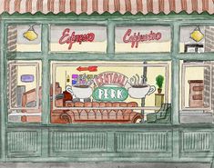 a watercolor painting of a coffee shop