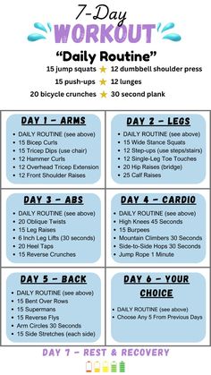 the 7 day workout plan is shown in blue and white, with instructions for how to do