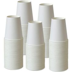 six white vases are lined up in a row