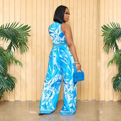 Sleeveless Print Lace Up Wide Leg Jumpsuit Sleeveless Printed Blue Jumpsuits And Rompers, Sleeveless Printed Jumpsuits And Rompers For Party, The Catch, Color Pick, Wide Leg Jumpsuit, 1 Million, Jumpsuit Romper, Wide Leg, Jumpsuit