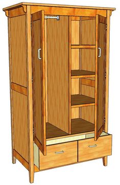 a wooden armoire with shelves and drawers