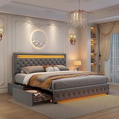 a bedroom with a large bed, chandelier and two lamps on the wall