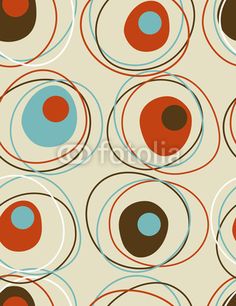 an abstract pattern with red, blue and brown circles on a cream background that is repeated in size