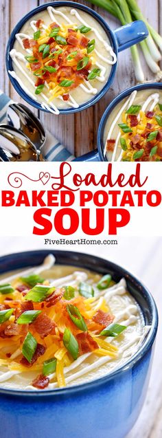 Loaded Baked Potato Soup, two-photo collage with text showing Baked Potato Soup recipe in two bowls and close up of slow cooker crock pot baked potato soup. Potato Soup With Cream Cheese Stove Top, Loaded Baked Potato Soup Recipe, Apartment Recipes, Leftover Baked Potatoes, Homemade Potato Soup, Baked Potato Soup Recipe, Potato Bacon Soup, Dinner Soup, Making Baked Potatoes