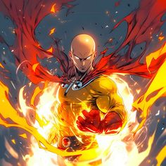 an anime character in yellow and red with flames around his shoulders, arms outstretched to the side