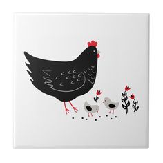 a tile with a chicken and two chicks on it's side, in black and white