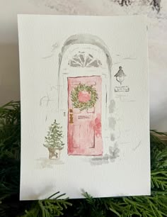 a watercolor painting of a red door with a wreath on it