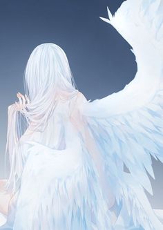 an angel with white wings sitting on the ground