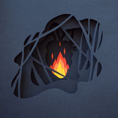 a paper cut image of a campfire in the woods at night with bright orange and yellow flames