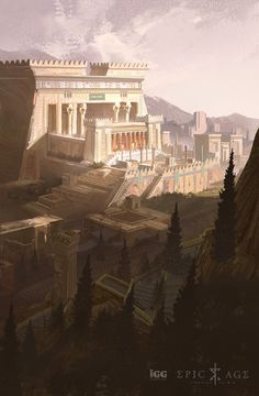 an ancient city is shown in this artistic painting by eric kraczkak