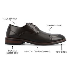 The Chandler dress shoe from Vance Co. combines sophistication and comfort with its 1-inch block heel, lace-up closure, and round toe design. Crafted from faux leather, this design offers a stylish and sleek option. The mesh lining, 6 mm Tru Comfort Foam™ footbed, and rubber outer sole ensure both breathability and comfort for a well-rounded and fashionable choice. Formal Faux Leather Lace-up Dress Shoes, Formal Lace-up Faux Leather Dress Shoes, Business Faux Leather Oxfords With Plain Toe, Faux Leather Plain Toe Oxfords For Business, Business Faux Leather Plain Toe Oxfords, Faux Leather Lace-up Oxfords For Business, Business Lace-up Faux Leather Oxfords, Plain Toe Faux Leather Oxfords For Business, Brown Faux Leather Oxfords For Formal Occasions