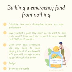 an emergency fund poster with the words, building a emergency fund from nothing to save money