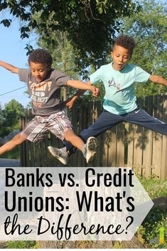 two young boys jumping in the air with their arms out to each other and text banks vs credit unions what's the difference?