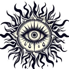 an all seeing eye tattoo design with flames and water drops on the bottom half of it