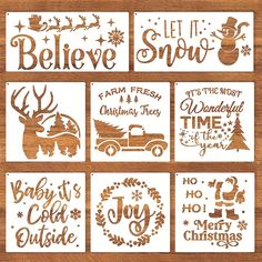 christmas cut files for silhouettes and crickles on wooden boards with the words believe, let it snow