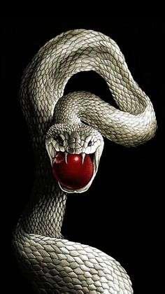 a white snake with a red ball in it's mouth, on a black background