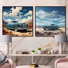 two paintings of classic cars in the desert