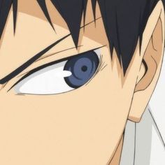 an anime character with black hair and blue eyes looks at the camera while staring straight ahead