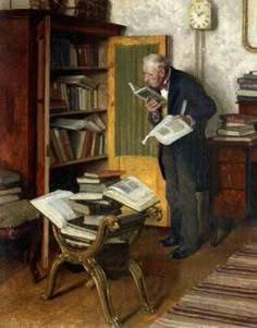 an old man standing in front of a bookshelf holding a book and reading