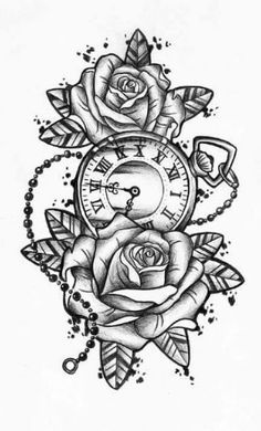 a black and white drawing of two roses with an old clock on the middle one