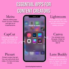 an iphone screen with the text essential apps for content creators on top and below it