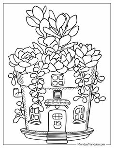 a house with flowers in the pot coloring page for kids to color and print on