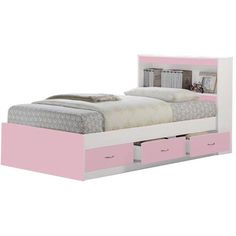 a pink bed with drawers underneath it