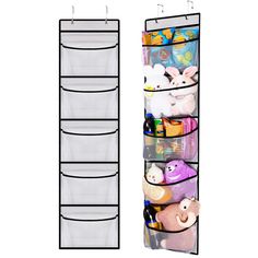 an over - the - door hanging organizer holds several compartments for stuffed animals and other toys