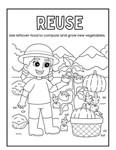 a coloring page with the words reuse and an image of a boy holding a plant