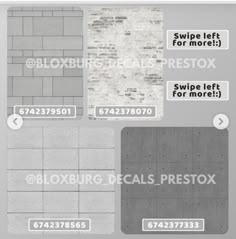 some different types of tiles and flooring in various sizes, shapes and colors with the words bloxburg specials prestox on them