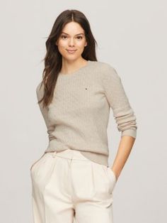 Long-Sleeve Cable Knit Sweater | Tommy Hilfiger Tommy Hilfiger Sweater Outfit, Tomi Hilfiger, Hilfiger Outfits, Dressy Jeans, Sweater Outfit, Tommy Hilfiger Sweater, Tommy Hilfiger Women, Airport Outfit, Cable Knit Sweater