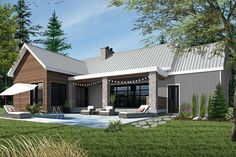 a rendering of a house with a swimming pool and covered patio in the foreground