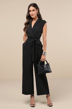 Impressive Direction Black Collared Sleeveless Wide-Leg Jumpsuit Collared Jumpsuit, Wineries Outfit, Collar Jumpsuit, Sash Belt, Chic Look, Personal Brand, Wide Pants, Wide Leg Jumpsuit, Ankle Length